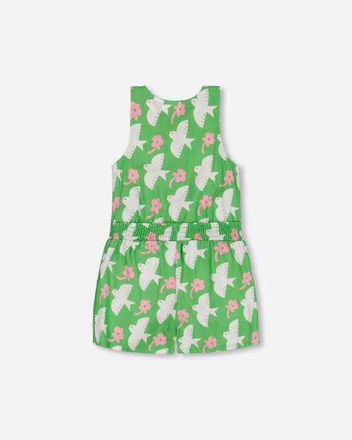 DEUX PAR DEUX DEUX PAR DEUX LITTLE GIRL'S PRINTED ROMPER WITH FRILLS GREEN WITH WHITE AND PINK BIRD