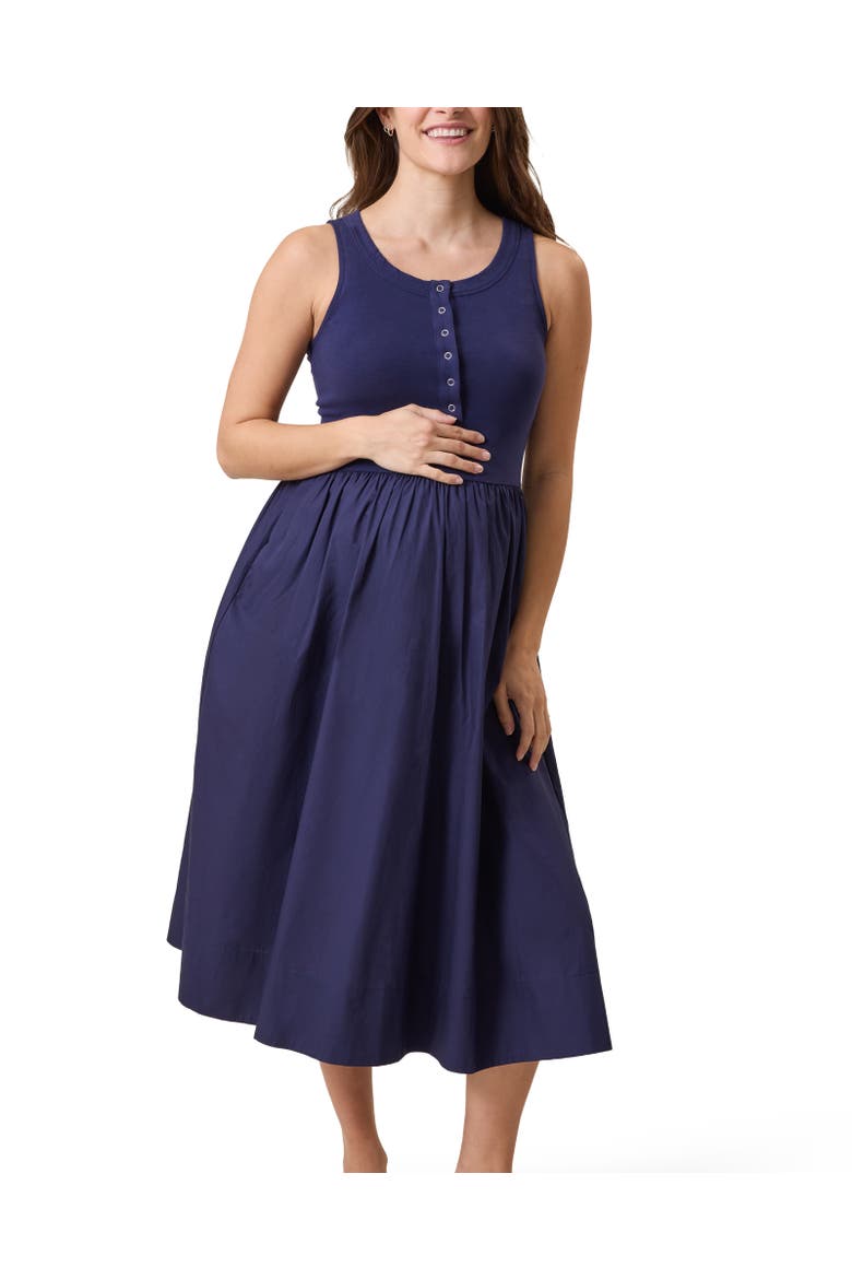 Charlotte Mixed Media Maternity & Nursing Midi Dress, Main, color, Navy