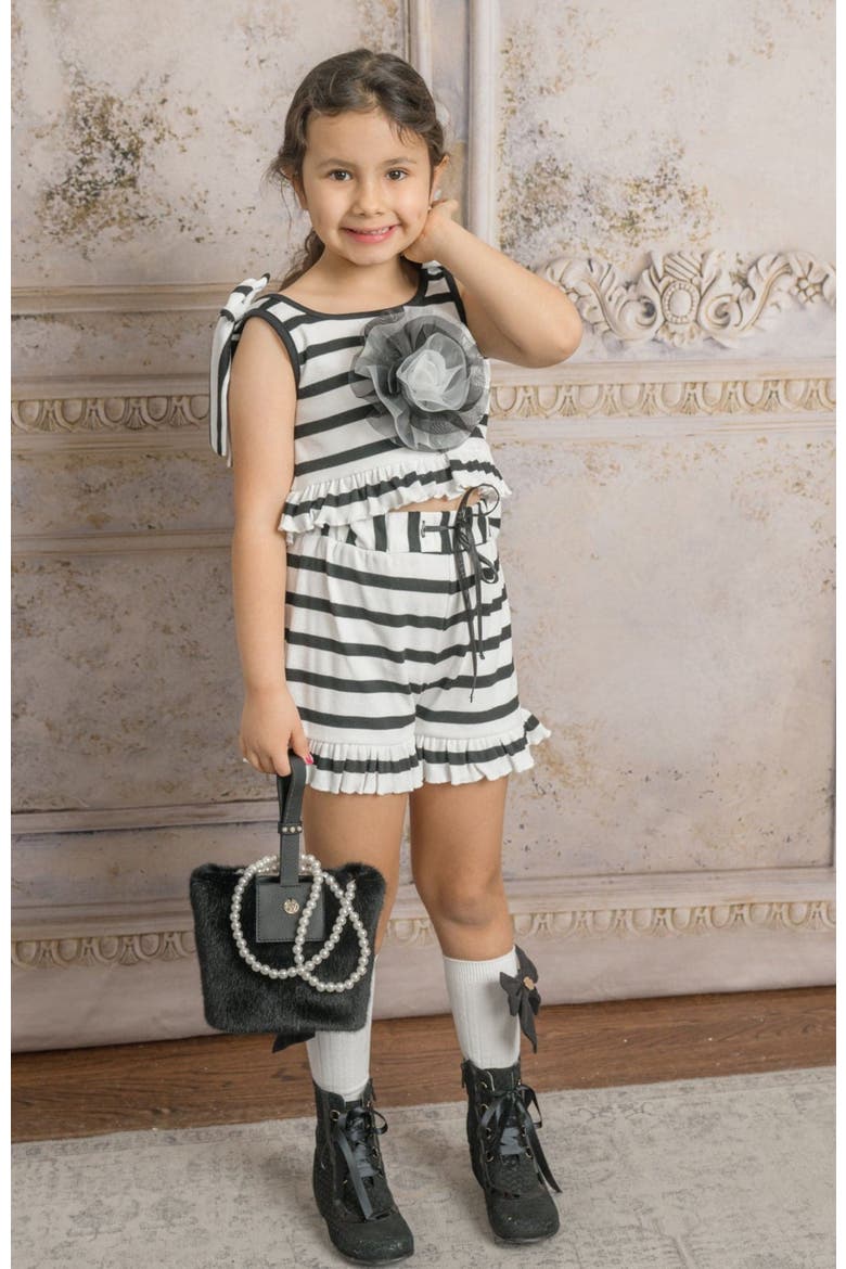 Monaco Striped Girls' Top and Shorts Set, Alternate, color, Black and White