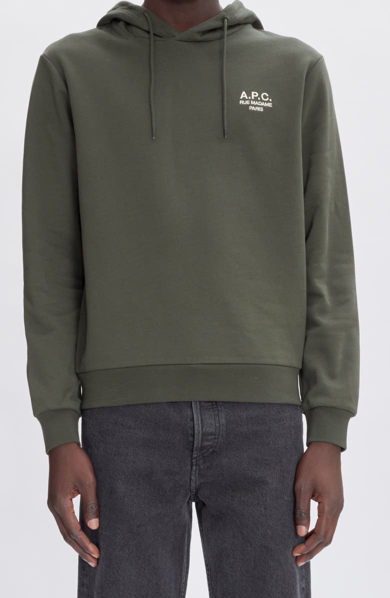 A.P.C. Rue Madame Embroidered Stretch Cotton Hoodie, Alternate, color, Tjk Military Kaki/Ecru