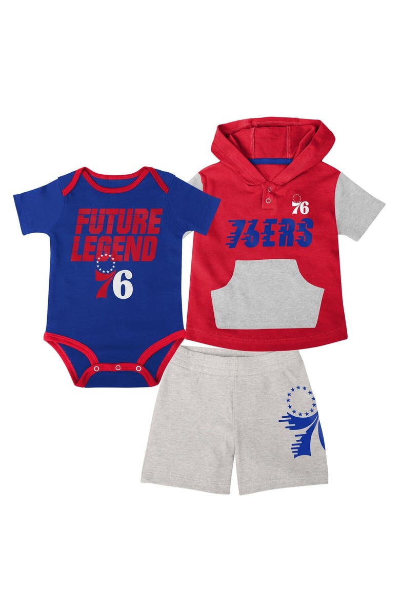 Outerstuff Infant Royal/Red/Gray Philadelphia 76ers Bank Shot Bodysuit, Hoodie T-Shirt & Shorts Set, Main, color, 