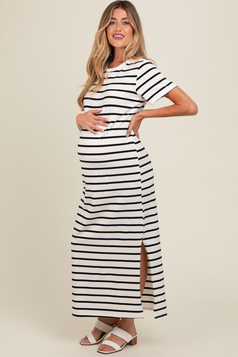 Striped Side Slit Maxi Dress, Alternate, color, White