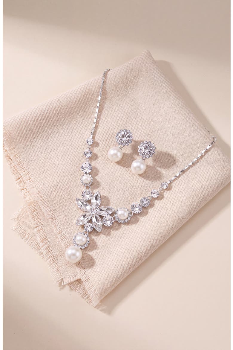 Flower Pearl Drop Necklace and Earrings Set, Alternate, color, Silver