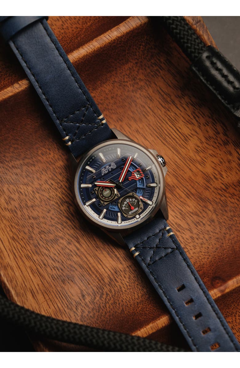 AVI-8 Hawker Harrier Farley Leather Strap Watch, 44mm, Alternate, color, Blue