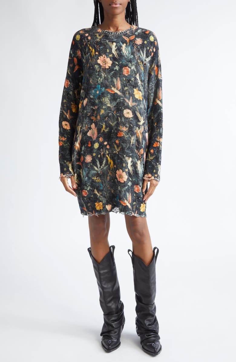 R13 Distressed Floral Grunge Sweater Dress, Main, color, Floral With Angels Black
