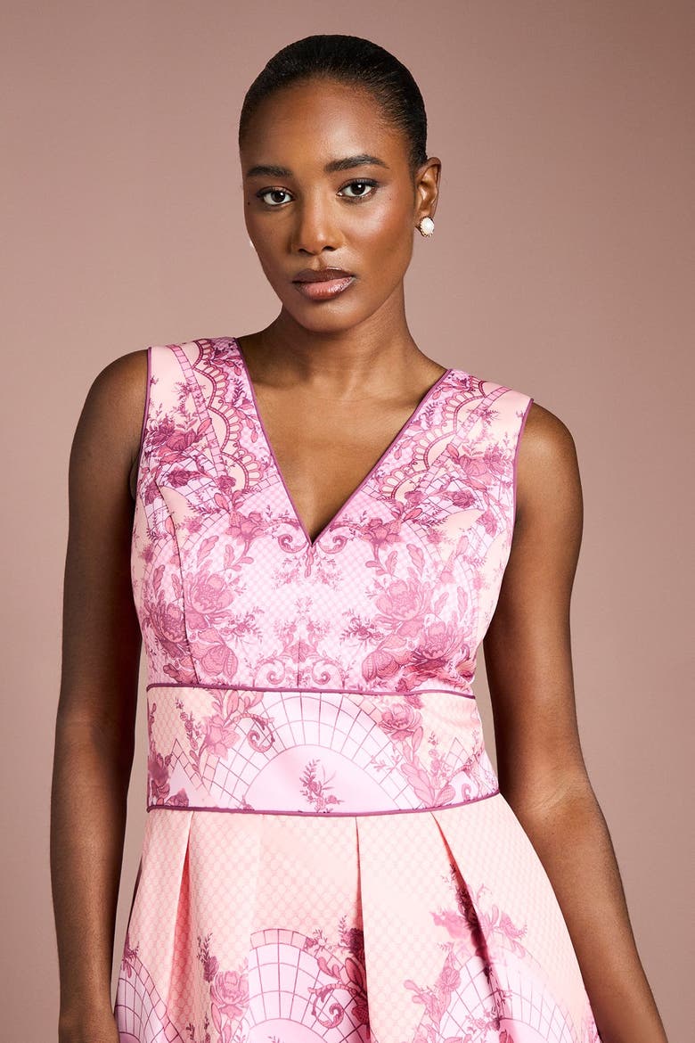 V-Neck Satin Floral Print Midi Dress, Alternate, color, Coral