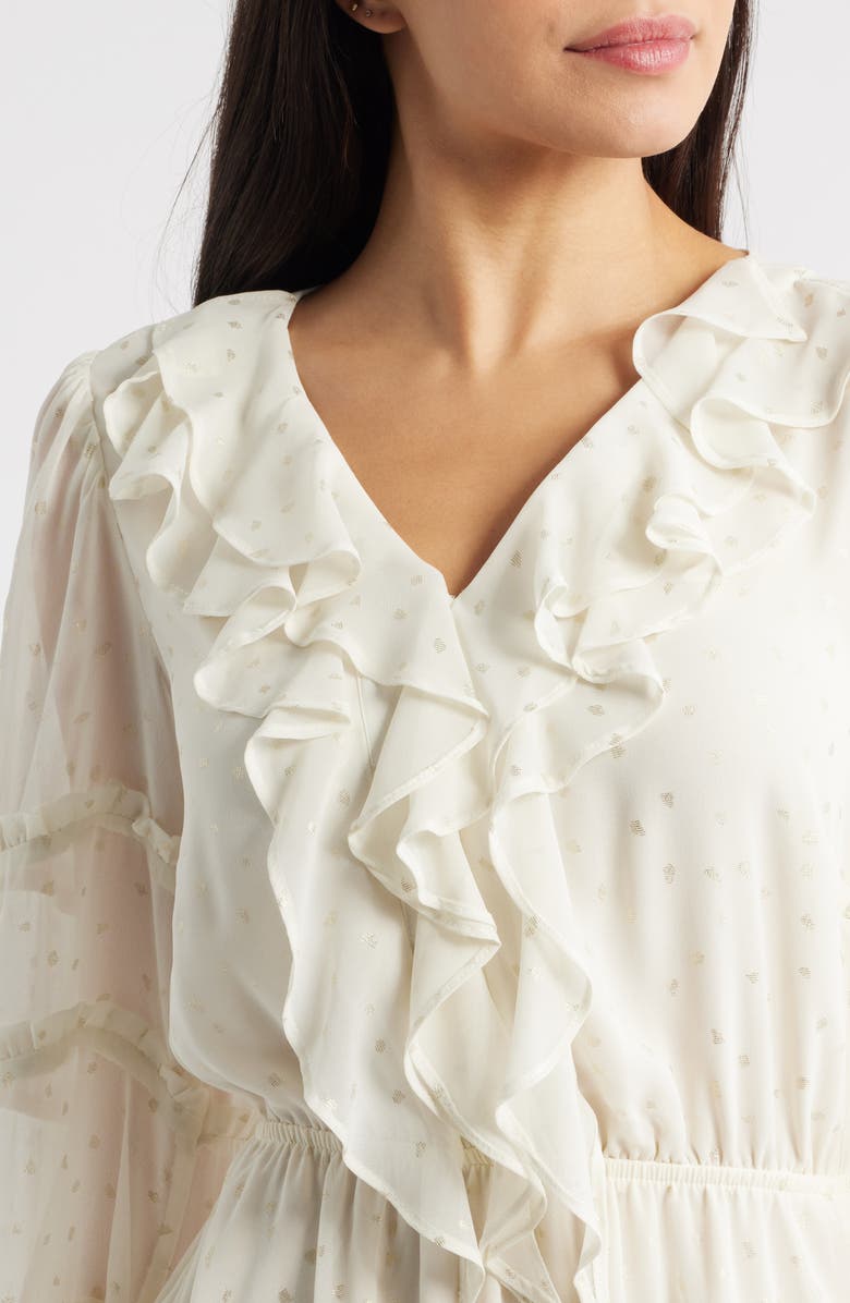 CeCe Metallic Dot Long Sleeve Ruffle Dress, Alternate, color, New Ivory