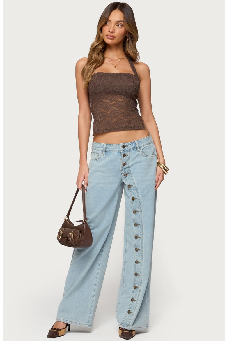 Zolah Sheer Lace Crop Halter Top, Alternate, color, DARK-BROWN