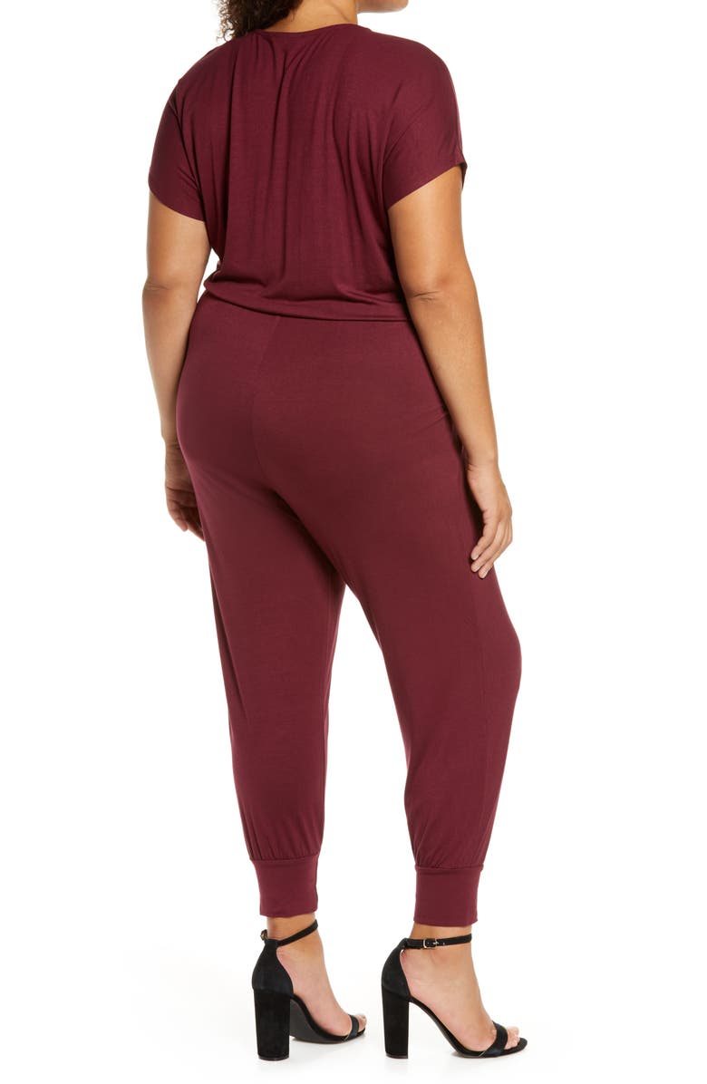 Loveappella Short Sleeve Wrap Top Jumpsuit, Alternate, color, Burgundy