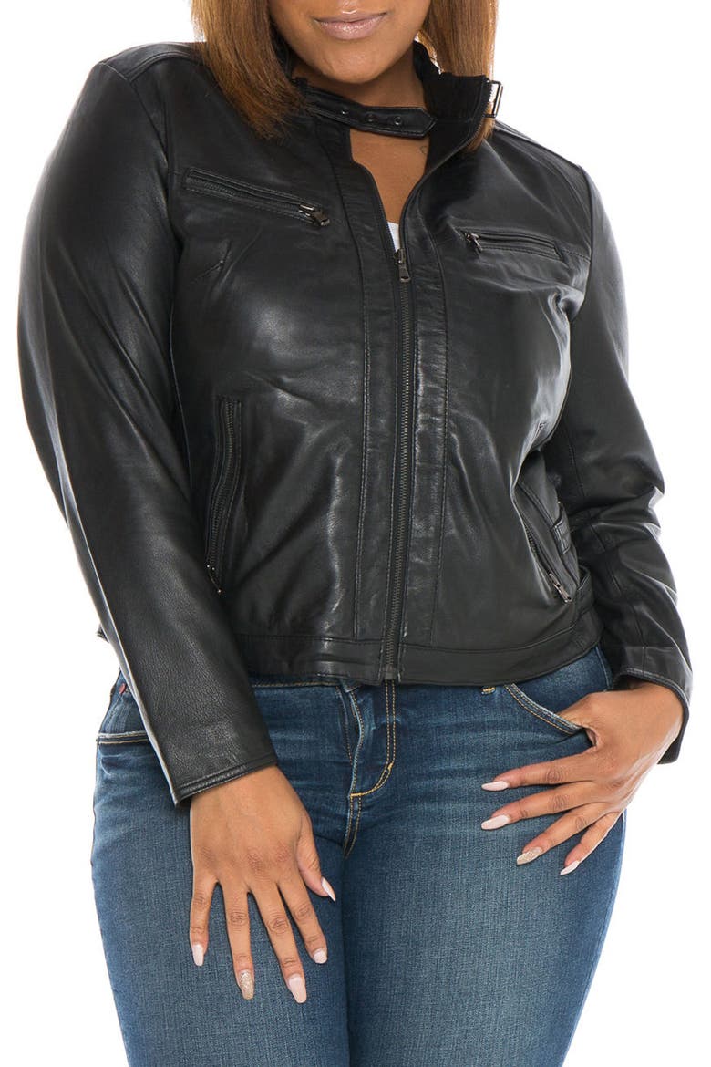 Fitted Leather Moto Jacket, Main, color, BLACK