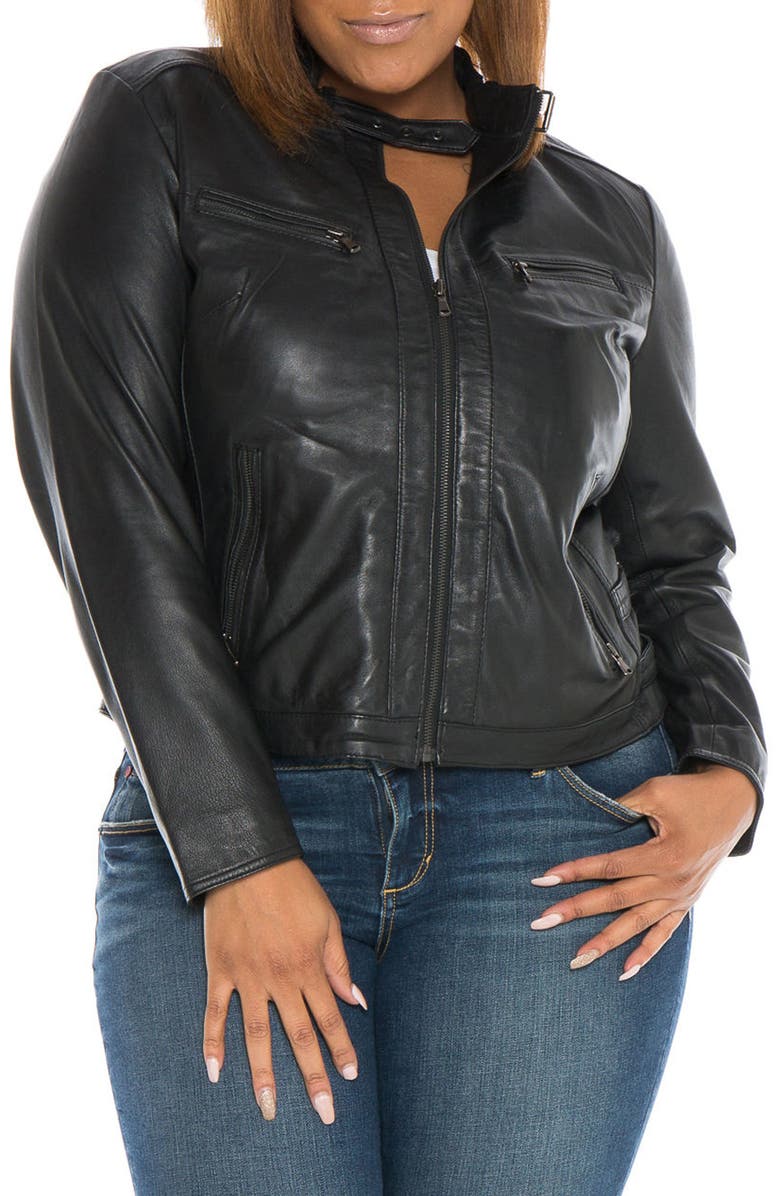 SLINK Jeans Fitted Leather Moto Jacket, Main, color, 