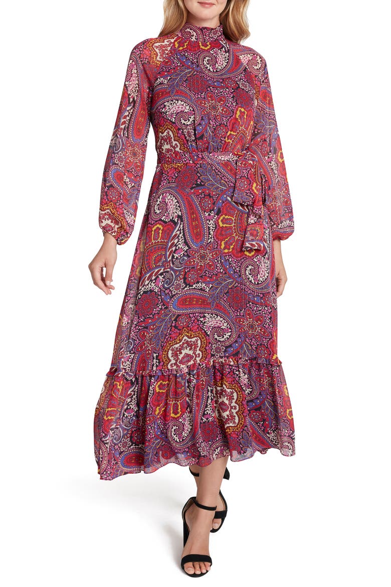 Mock Neck Print Long Sleeve Maxi Dress, Main, color, CRIMSON PAISLEY