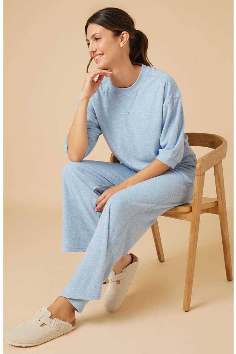Terry Cropped Sleeve Crew Neck with Wide Leg Pant, Alternate, color, Heather Sky Blue