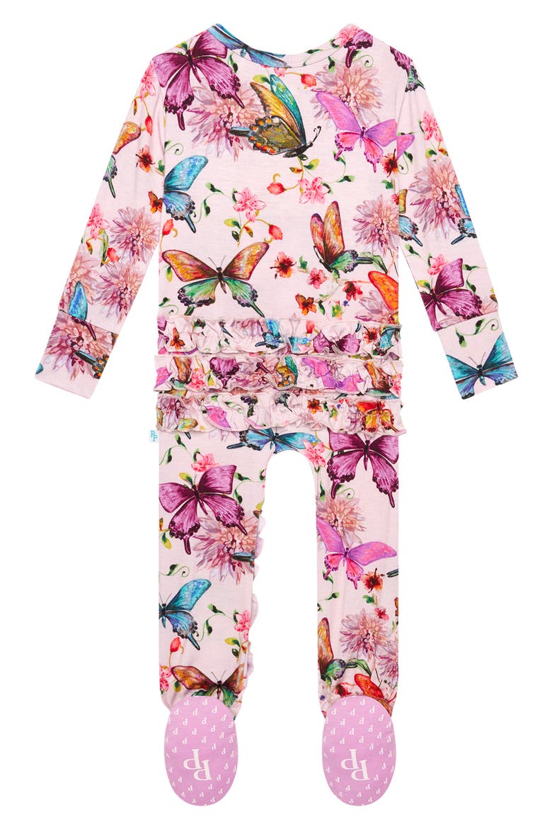 Watercolor Butterfly Ruffle Fitted Footie Pajamas, Alternate, color, OPEN PINK