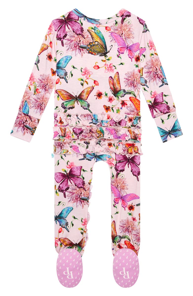 Posh Peanut Watercolor Butterfly Ruffle Fitted Footie Pajamas, Alternate, color, Open Pink