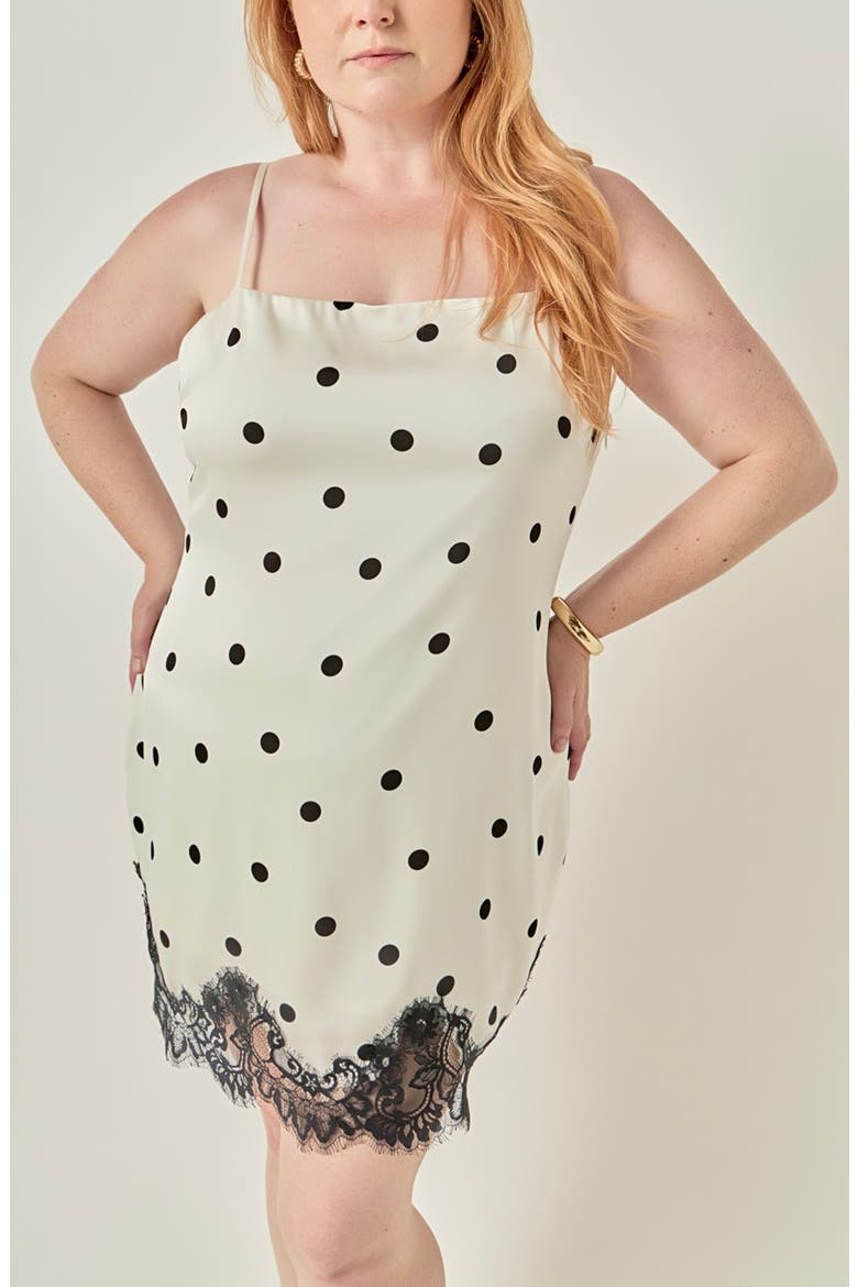 Polka Dot Lace Hem Slip Minidress, Alternate, color, CREAM/ BLACK