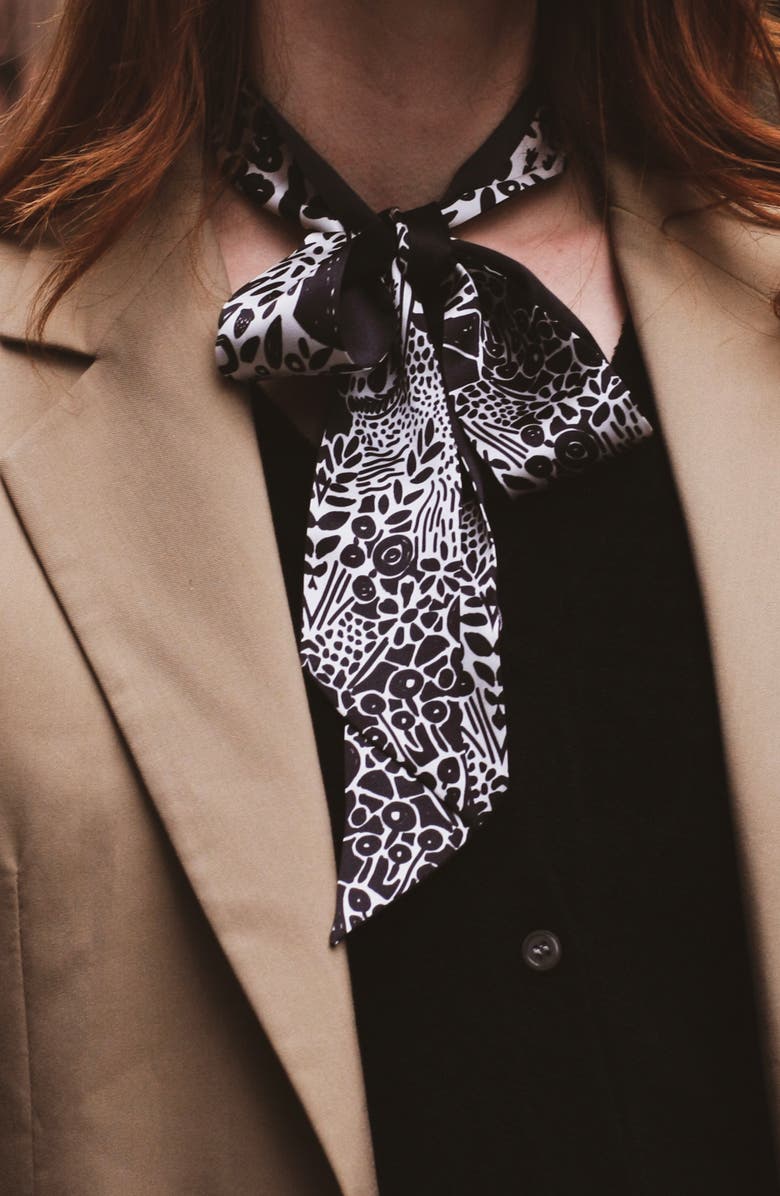 Jessie Zhao New York Silk Skinny Scarf Of Black Garden, Alternate, color, Black