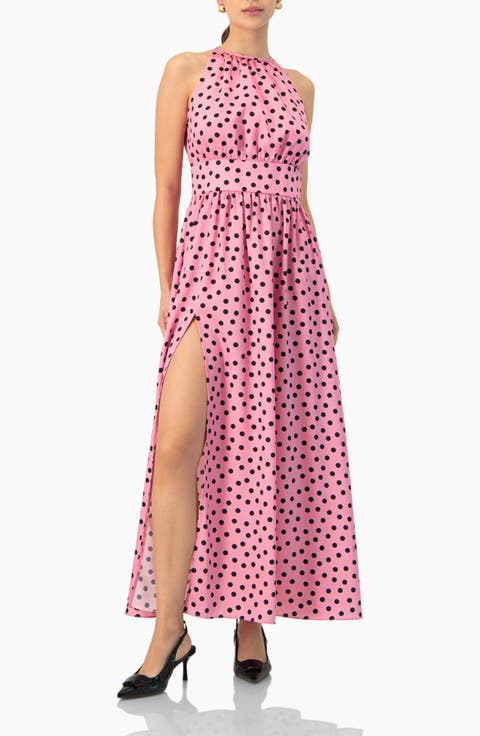 Long Open-Leg Polka Dot Halter Neck Dress