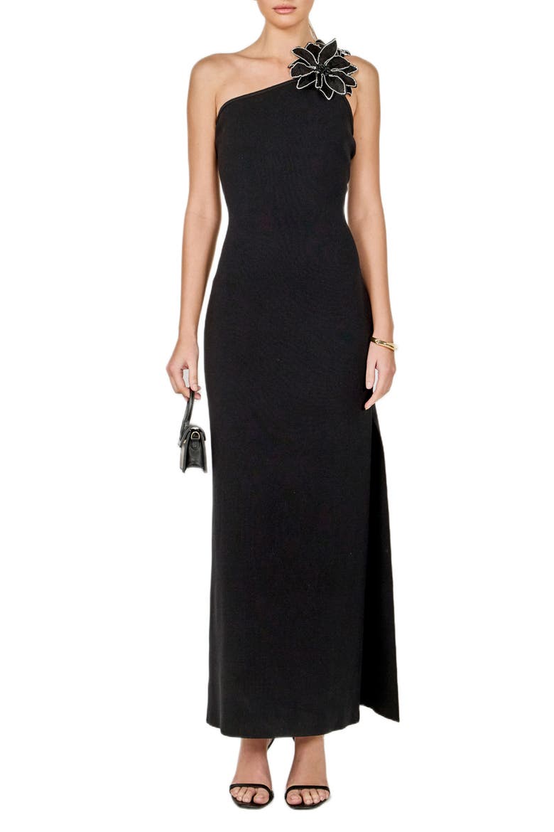Flower One-Shoulder Knit Maxi Dress, Main, color, BLACK