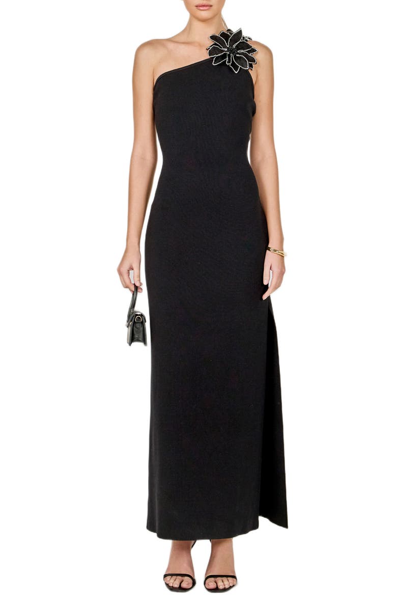 Endless Rose Flower One-Shoulder Knit Maxi Dress, Main, color, Black