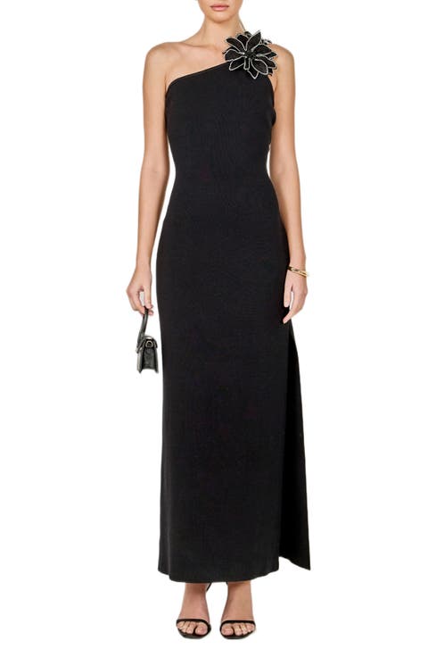 Flower One-Shoulder Knit Maxi Dress