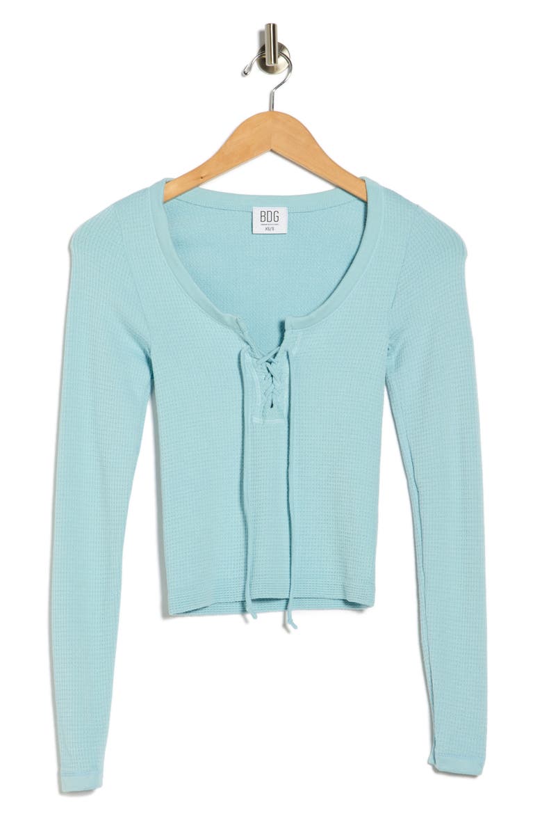 Knockout Long Sleeve Tie Front Crop Top, Alternate, color, BLUE