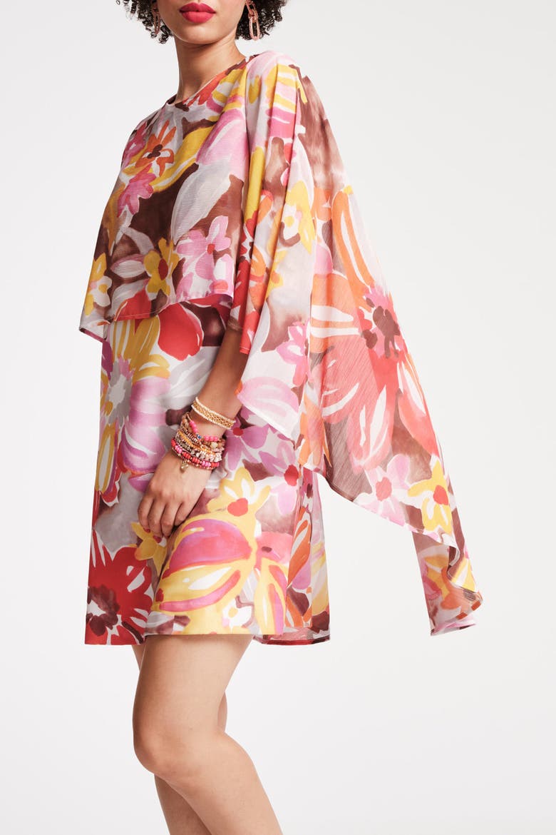 Mini Cape Dress Sun Floral Poly Chiffon, Alternate, color, Pink/Multi