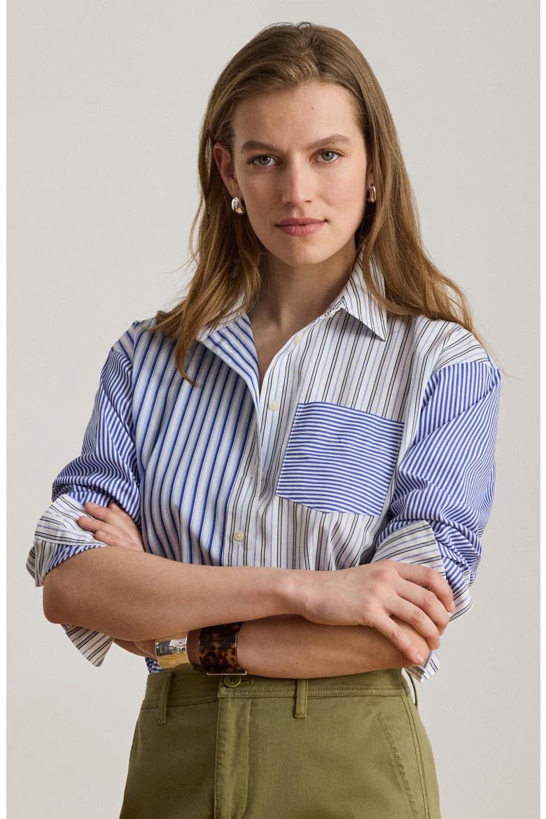 Mixed Stripe Cotton Button-Up Shirt, Alternate, color, BLUE/ WHITE MULTI