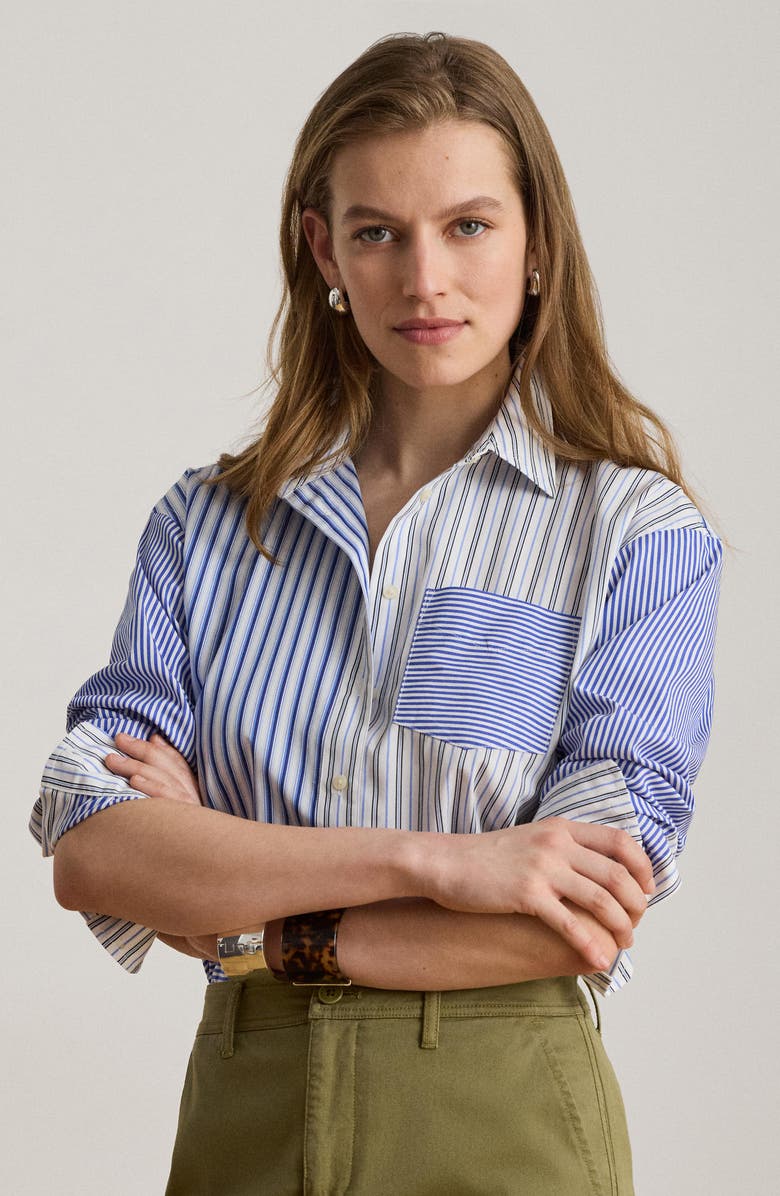 Lauren Ralph Lauren Mixed Stripe Cotton Button-Up Shirt, Alternate, color, Blue/ White Multi