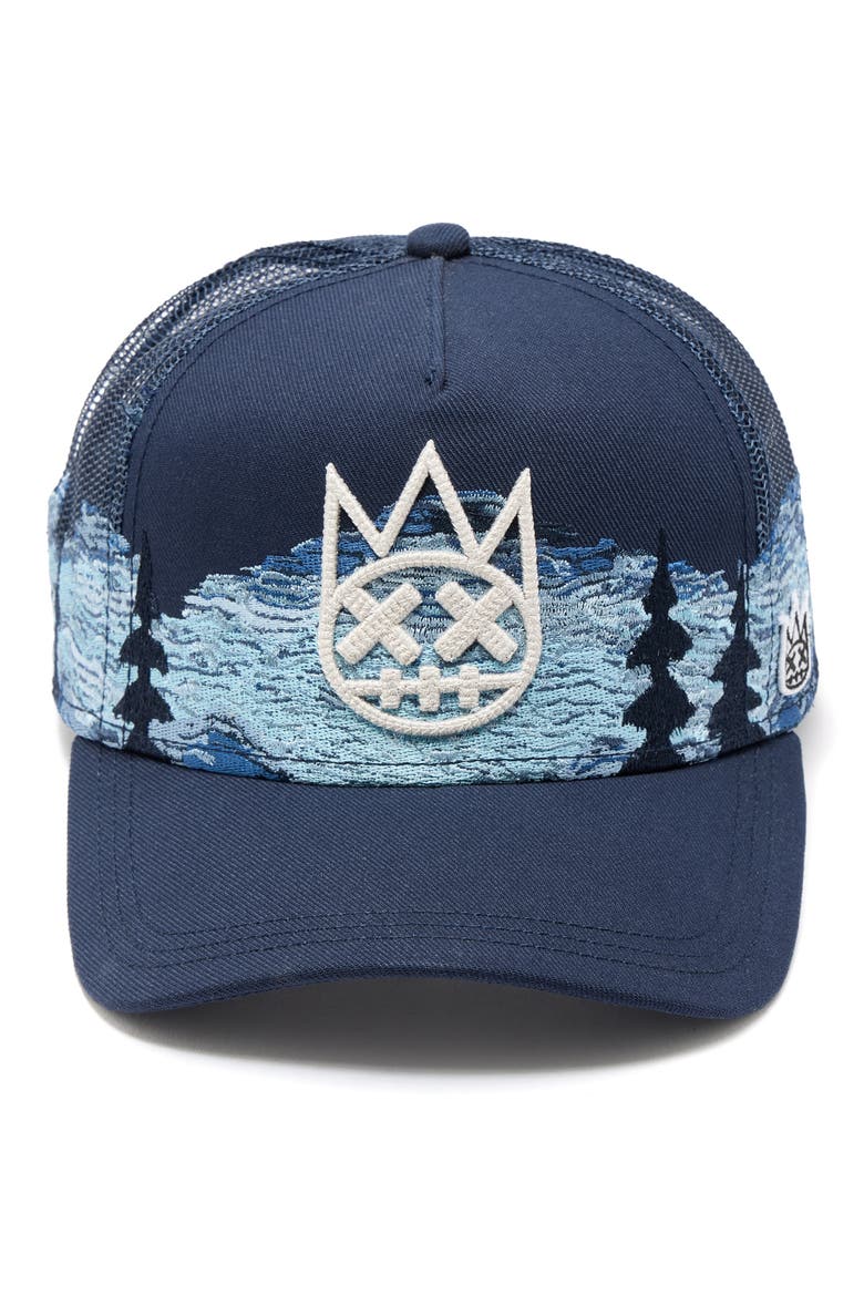Mountains Shimuchan Logo Trucker Hat, Main, color, DARK NAVY