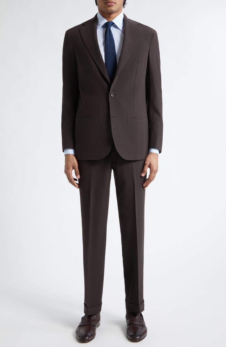 J. Mueser Waverly Tapered Virgin Wool Seersucker Suit, Main, color, Brown