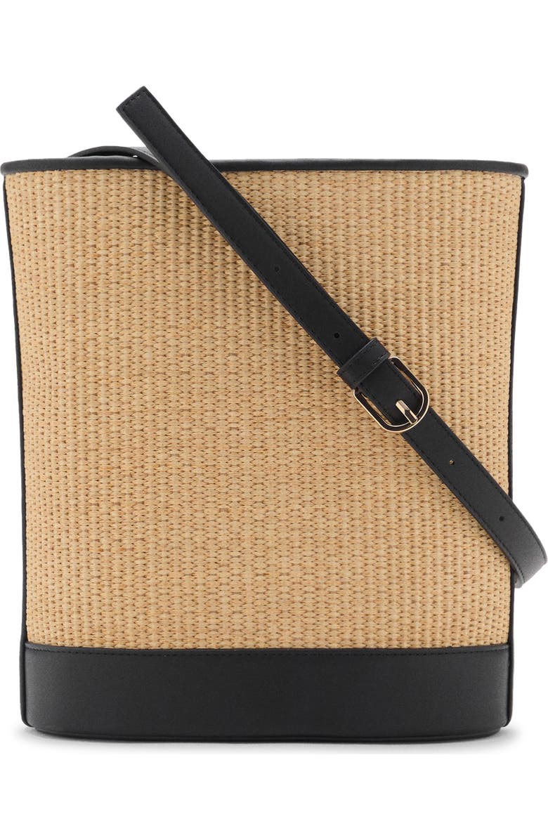 MANGO Medium Raffia Bucket Bag, Main, color, Black