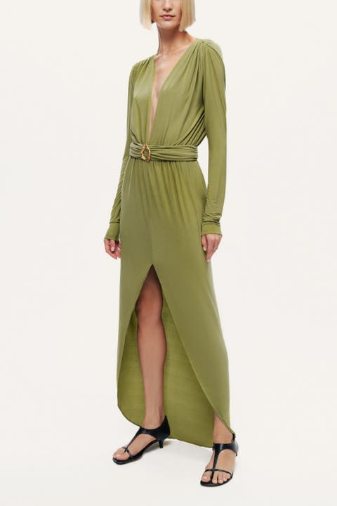Deep Plunge Belted Jersey Maxi Dress