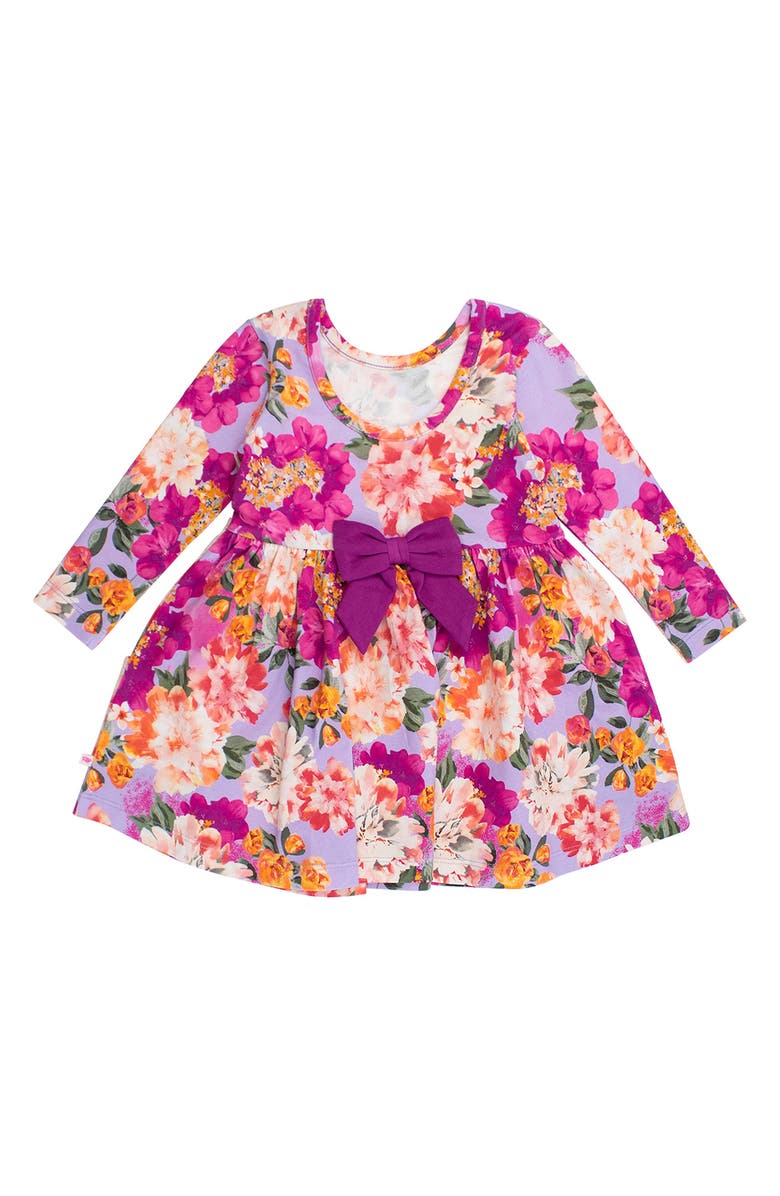 RuffleButts Lavender Valley Long Sleeve Stretch Cotton Dress, Main, color, Purple