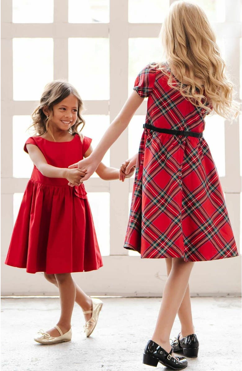 Hope & Henry Girls' Organic Cap Sleeve Party Dress with Bow Sash, Toddler, Alternate, color, Red Sateen