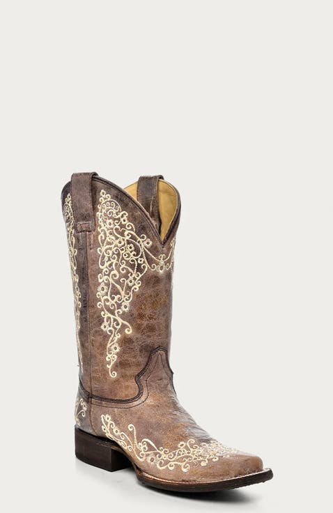 Cowhide Embroidered Distressed Square Toe Western Boots