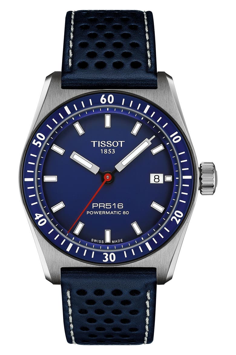 PR516 Powermatic 80 Automatic Leather Strap Watch, 38mm, Main, color, BLUE