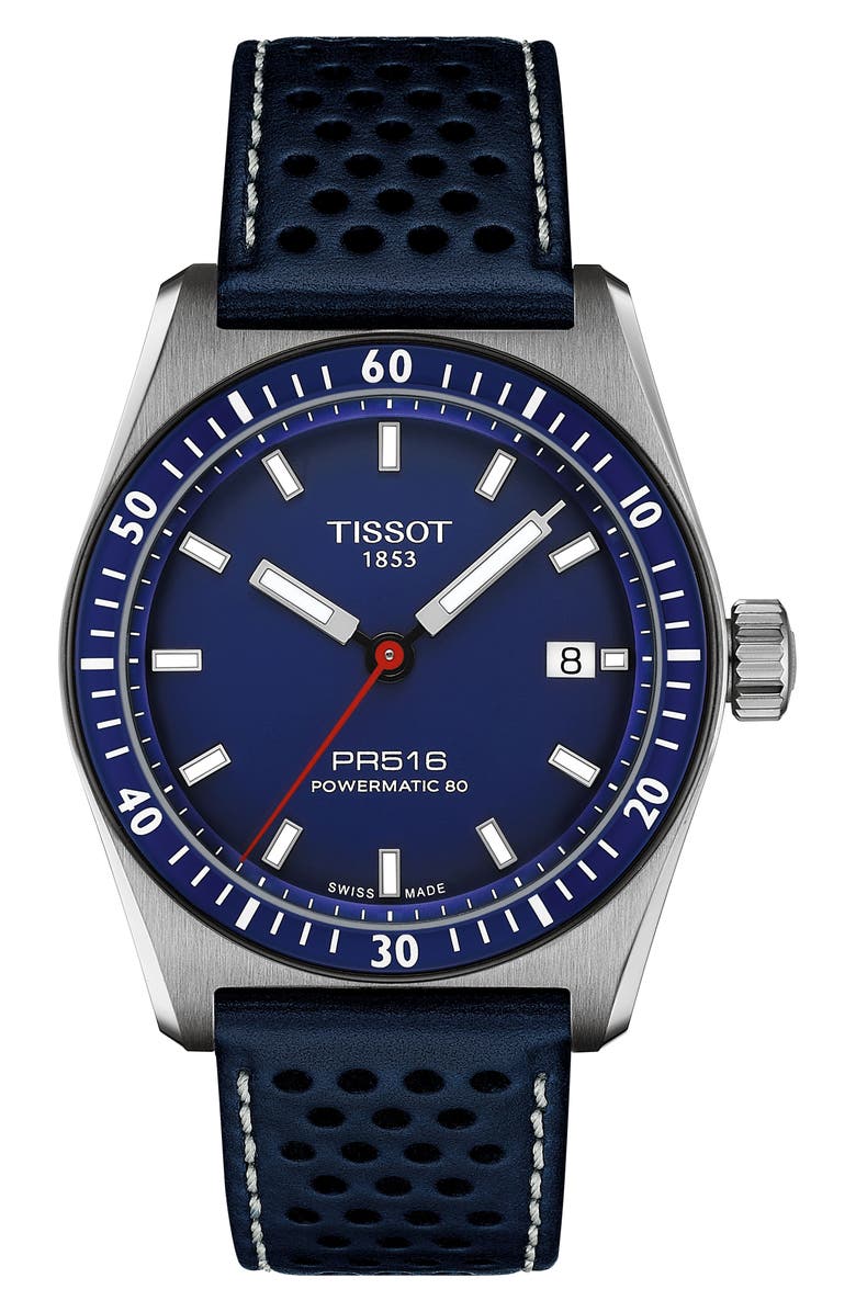 Tissot PR516 Powermatic 80 Automatic Leather Strap Watch, 38mm, Main, color, Blue