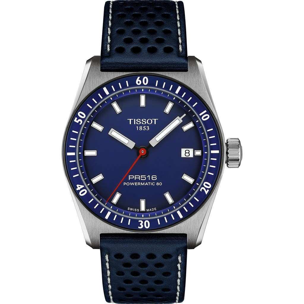 Tissot Pr516 Powermatic 80 Automatic Blue Dial Leather Strap Unisex Watch T149.407.16.041.00 In Blue