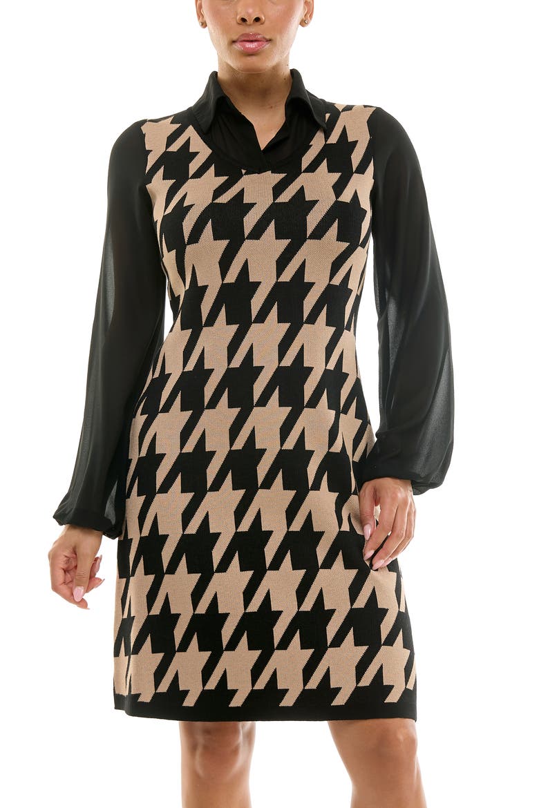 Jacquard Balloon Sleeve Sweater Dress, Alternate, color, BLACK/ TAN
