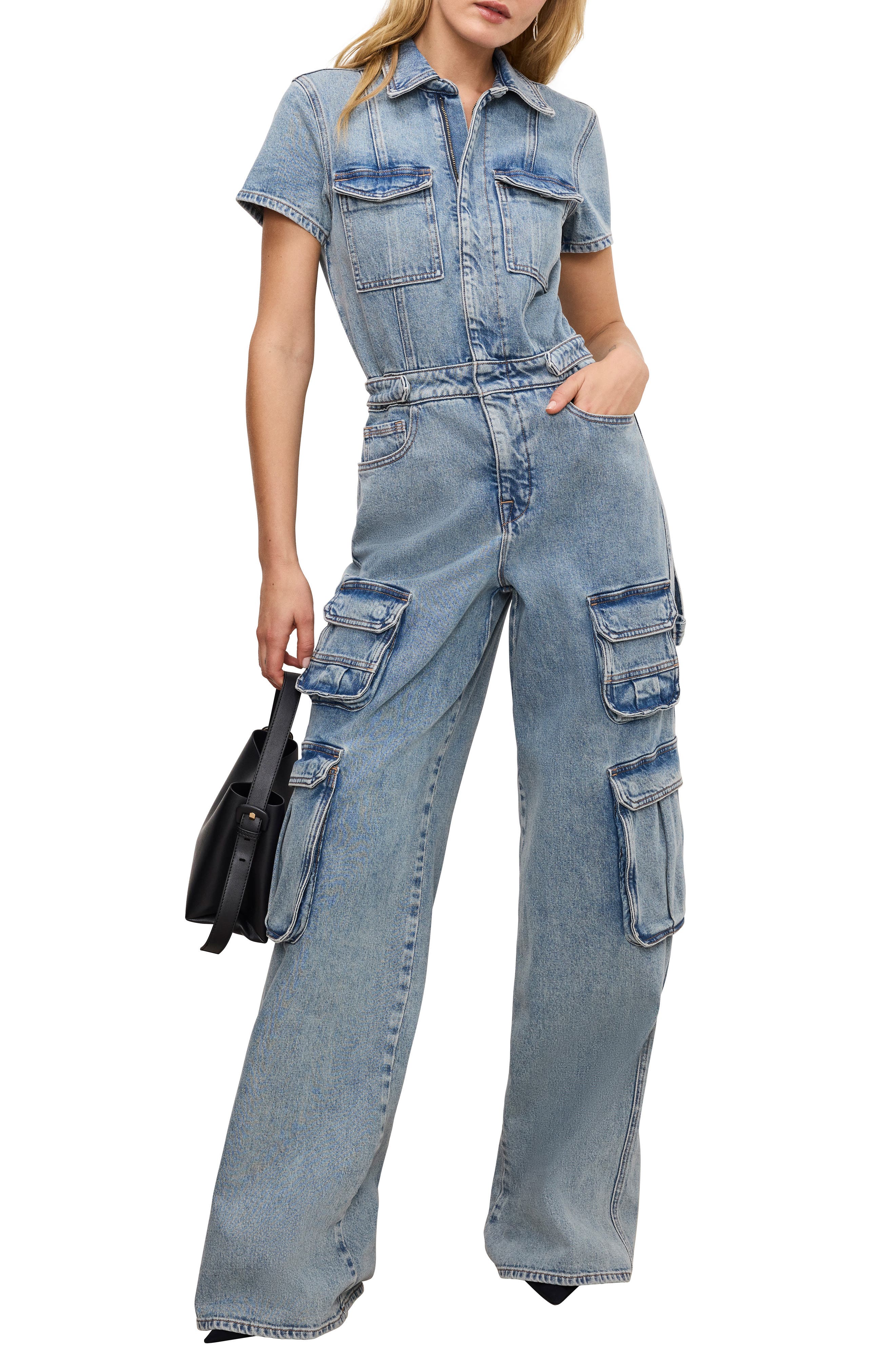 Good American Fit For Success Denim Wide Leg Cargo Jumpsuit