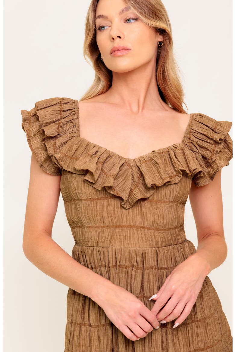 Ruffle Shoulder Midi Dress, Alternate, color, BROWN