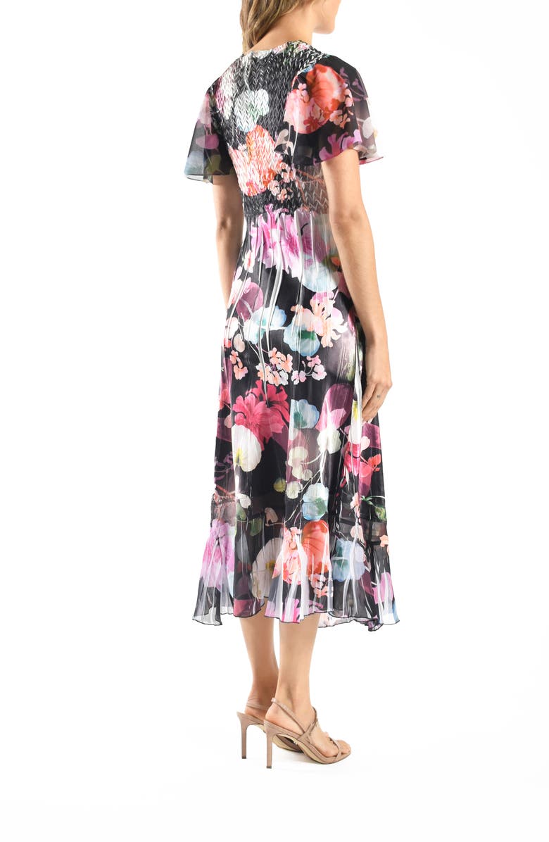 Komarov Flutter Sleeve Charmeuse & Chiffon Midi Dress, Alternate, color, Flourescent Flora