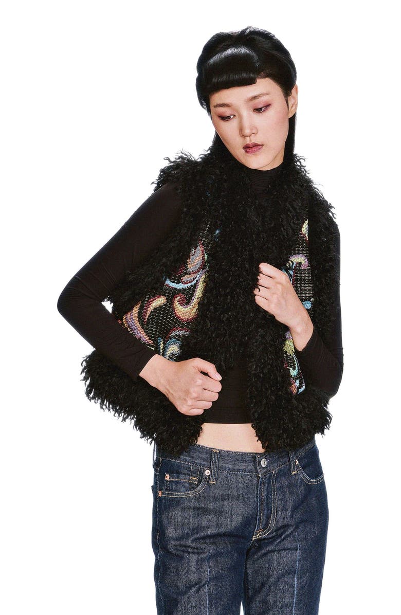 Anna Sui Tapestry Faux Fur Trim Vest, Alternate, color, Black Multi