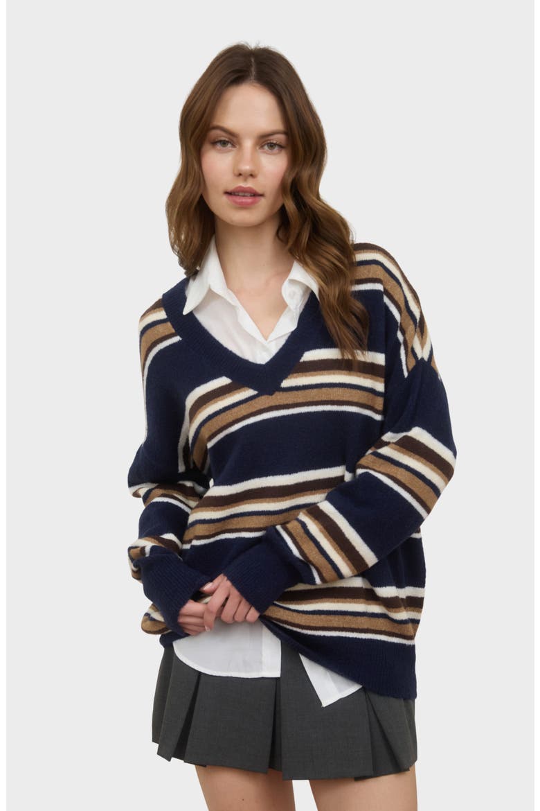 Pullover V-Neck Sweater, Alternate, color, NAVY MULTI