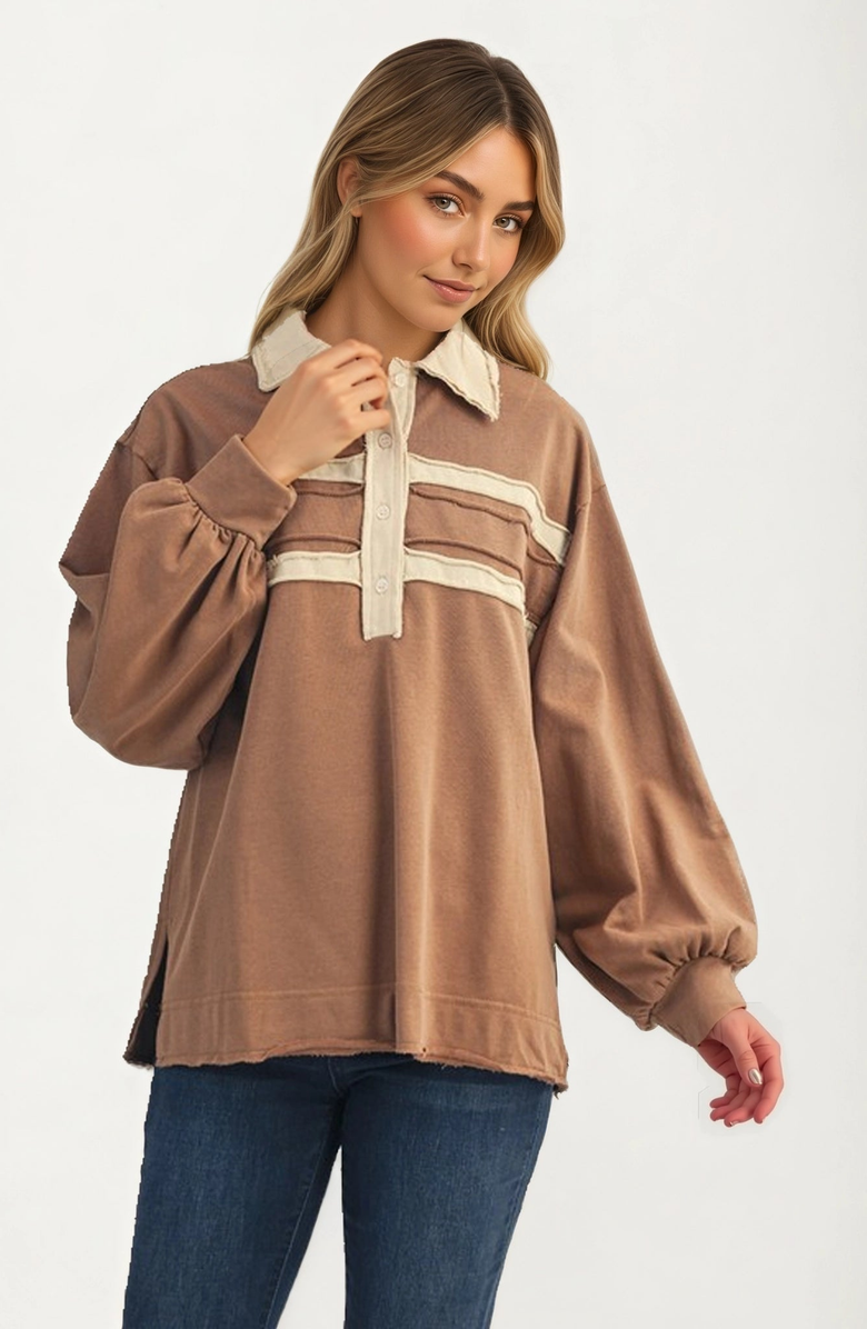 Knit and Lounge Contrast Trim Collared Pullover Top, Alternate, color, 