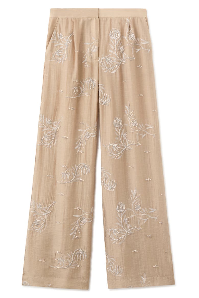 Beaded Floral Embroidered High Rise Pants, Alternate, color, BEIGE