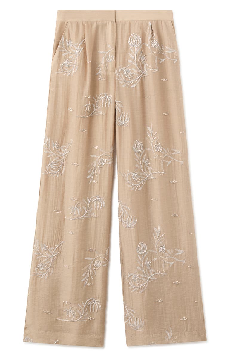 MANGO Beaded Floral Embroidered High Rise Pants, Alternate, color, Beige