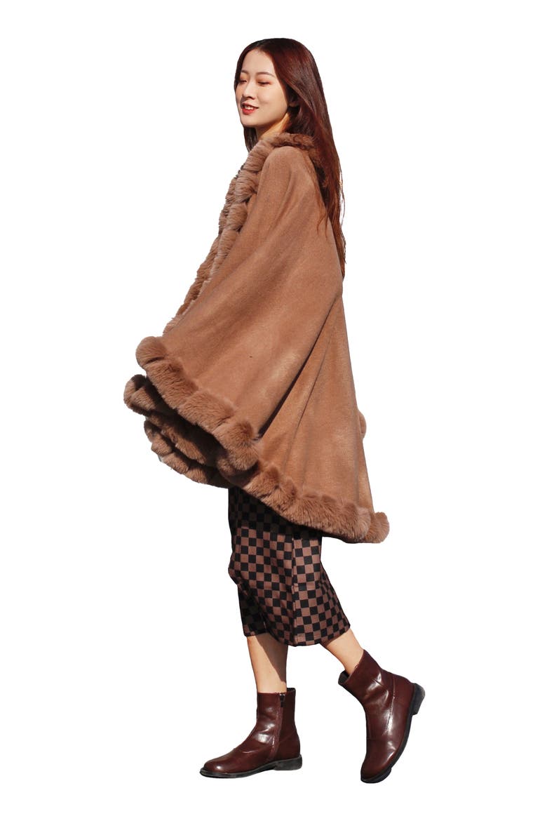 Faux Fur Trim Cape, Alternate, color, BROWN