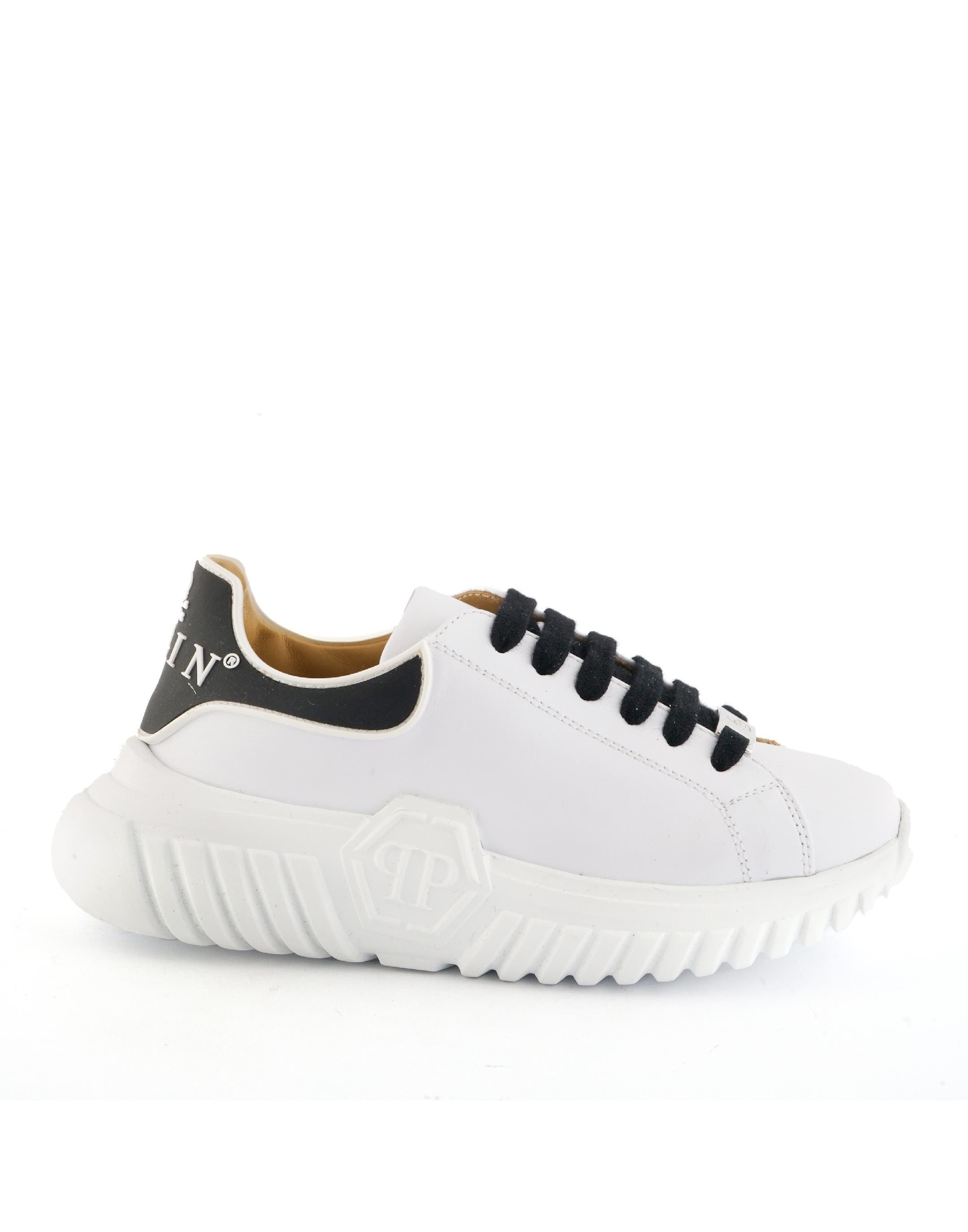 Leather Lo-Top Sneakers Hexagon Insert Sole And Plein Boy, Main, color, white/black
